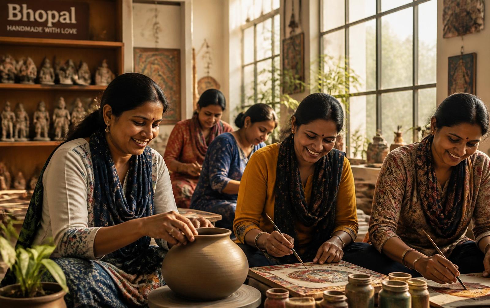 Women artisans at work in the Velvet Studio in Bhopal
